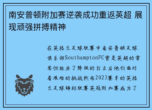 南安普顿附加赛逆袭成功重返英超 展现顽强拼搏精神