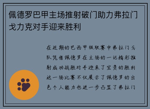 佩德罗巴甲主场推射破门助力弗拉门戈力克对手迎来胜利 佩德罗巴甲主场推射破门助力弗拉门戈力克对手迎来胜利